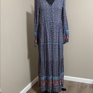 Navy Floral Tiered Maxi Dress with Border Trim